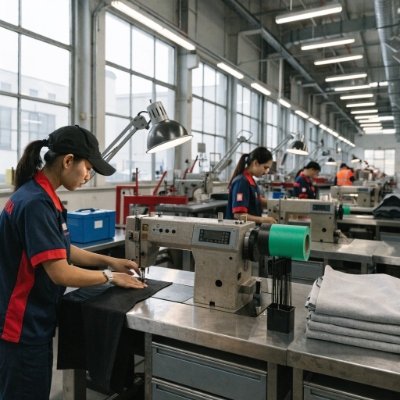 A busy but organized sportswear factory floor with multiple production lines